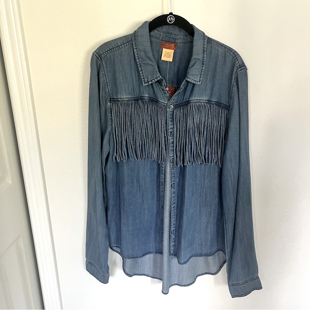 NWT Scully Fringe Denim Button Down Cowgirl Shirt Size Large